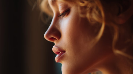 Profile of a young woman with soft lighting showcasing her natural beautyの素材