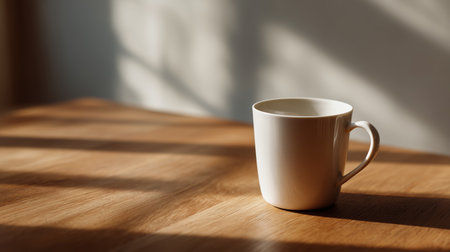 Warm coffee cup on a wooden table with sunlight shining through a windowの素材