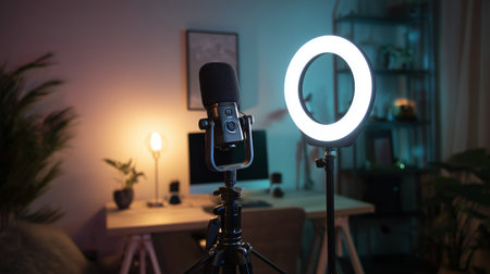 Home studio setup for recording and content creation at nightの素材