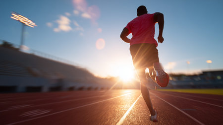 Runner accelerates on a track during sunset in a stadiumの素材