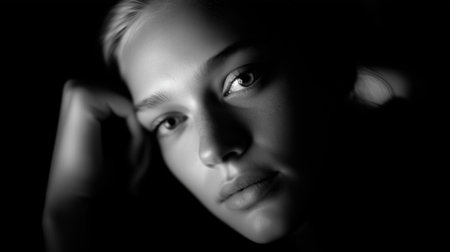 Portrait of a young woman in soft lighting reflecting emotions and thoughtsの素材