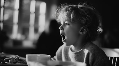 Young boy yawning at breakfast in a cozy cafe during morning hoursの素材