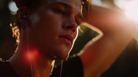 Runner enjoying sunset workout while listening to music in a serene outdoor settingの素材