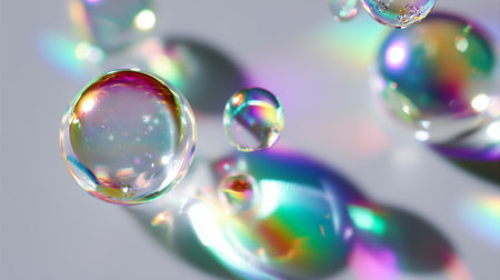 Colorful soap bubbles reflecting light on a smooth surfaceの素材