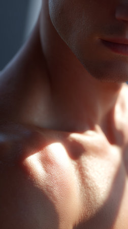 Man showing defined shoulder and collarbone muscle in soft light indoorsの素材