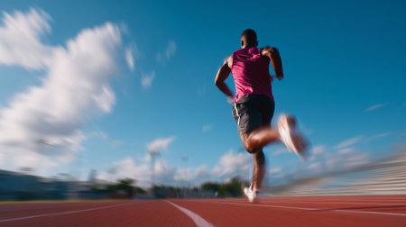 Runner focuses on the track during a sunny afternoon in a sports arenaの素材