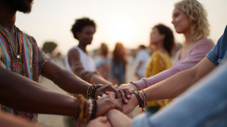 Group of friends holding hands during sunset in an outdoor gatheringの素材