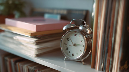 Vintage alarm clock on a shelf beside stacked books and records in a cozy room settingの素材