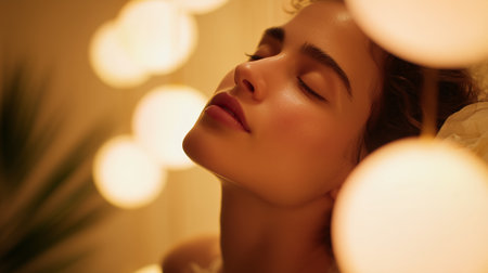 Young woman relaxing with closed eyes in soft warm light during eveningの素材
