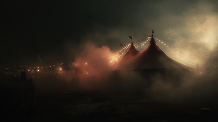 A carnival scene shows bright tents shrouded in fog and illuminated by colorful lights at nightの素材