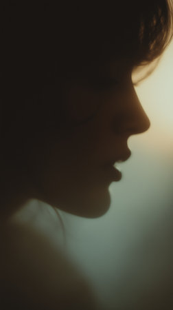 Womans silhouette against a soft, blurred background during twilight hoursの素材