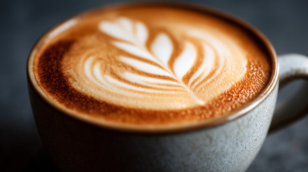 Beautiful latte art in a cozy cafe setting during the morning hoursの素材