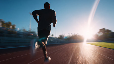 Runner accelerates on track at sunset in a vibrant sporting environmentの素材