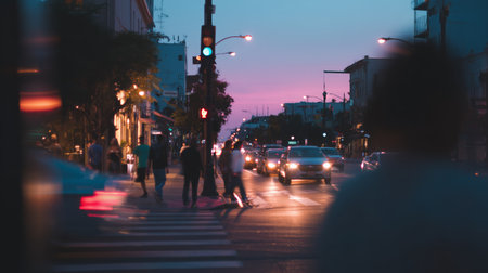 Busy city street at twilight with commuters crossing and cars passing byの素材