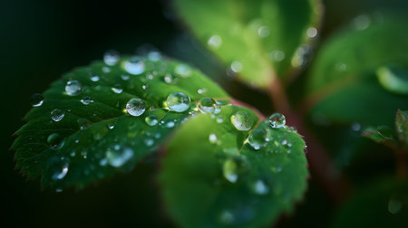 Fresh morning dew glistens on green leaves in a natural settingの素材