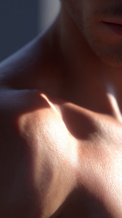 Close-up of a mans shoulder with soft light illuminating the skinの素材
