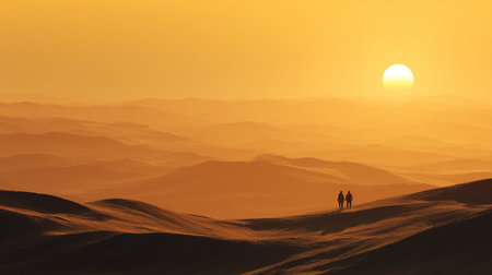 Couple walking on desert hills during sunset with a warm orange glow in the skyの素材