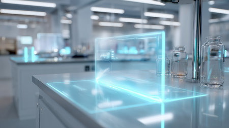 Modern laboratory with advanced technology and glowing interfaceの素材