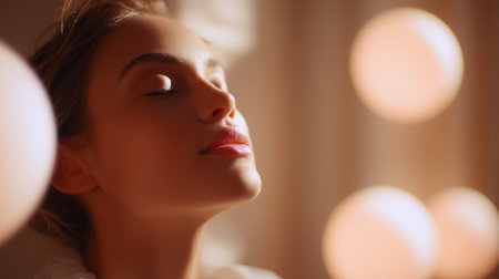 Young woman enjoying a moment of relaxation in warm light with soft background spheresの素材