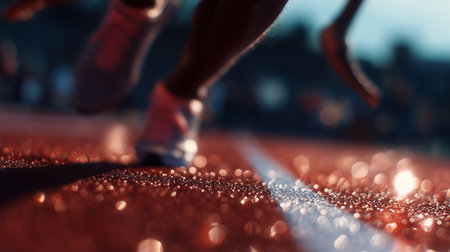 Runners compete on a wet track during a race at an athletic eventの素材