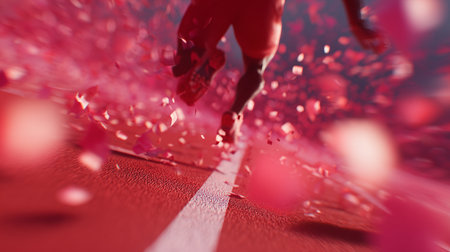 Runner sprinting on a track surrounded by swirling colorful particles during a race eventの素材