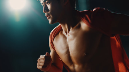 Runner in motion during a dynamic workout session in a dark gym settingの素材