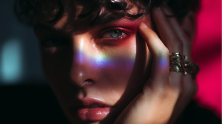 Close-up portrait of a person with colorful lighting and striking makeup at duskの素材