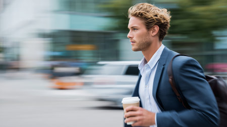 Man hurries through urban setting while holding coffee cup in handの素材