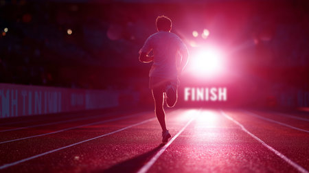 Runner crosses finish line at night with bright lights illuminating the trackの素材