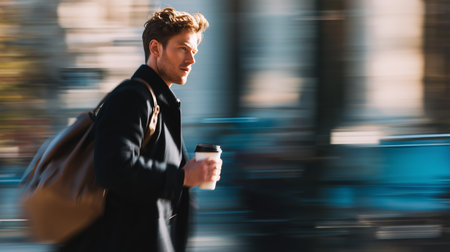Man walks quickly through city street holding coffee cup in morning lightの素材