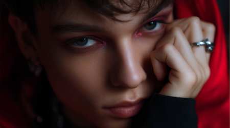 Close-up of a young person with striking blue eyes in a dramatic red hoodieの素材