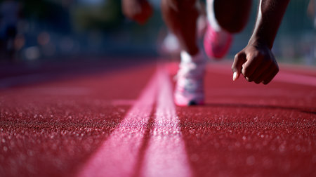 Runner prepares to sprint on a red track during an outdoor athletic eventの素材