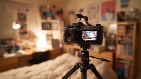 Camera on tripod in a cozy room with personal decor and soft lightingの素材