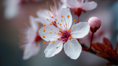 Cherry blossoms bloom beautifully in spring, showcasing delicate petals and vibrant stamensの素材