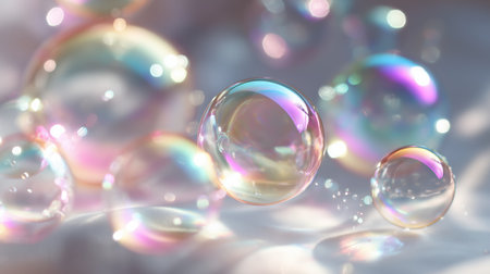 Colorful soap bubbles floating in the air against a soft backgroundの素材
