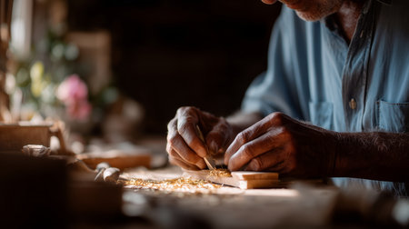 Crafting intricate wood designs in a warm workshop during late afternoonの素材
