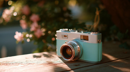 Vintage camera resting on a wooden table surrounded by blooming flowers in soft sunlightの素材