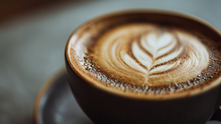 Delicious coffee with beautiful latte art served in a cozy cafe settingの素材