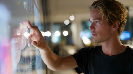 Young man interacts with digital screen in modern office during daytimeの素材