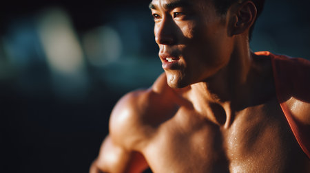 Male athlete running with determination under the sunlight in an urban settingの素材