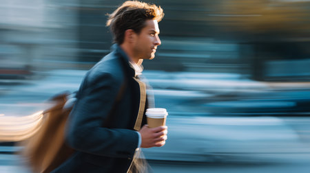 Businessman rushes through city streets holding coffee cup in autumnの素材