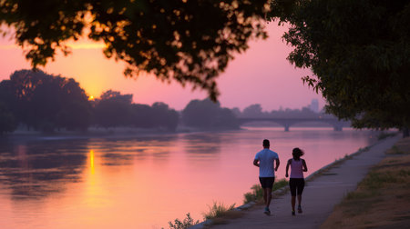 Early morning joggers along the river during sunrise in a serene landscapeの素材