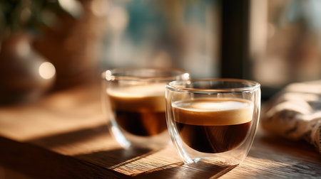 Freshly brewed coffee served in clear glass cups on a wooden table in the morning lightの素材