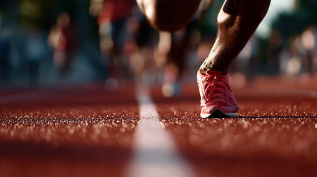 Runner sprints on a red track during an outdoor athletic competition in the eveningの素材