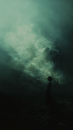 Woman standing in silhouette against stormy sky with greenish hues and swirling cloudsの素材