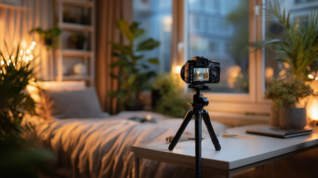 Cozy bedroom setup with camera on tripod and soft lighting during evening hoursの素材