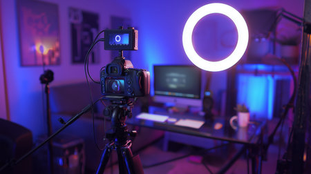Equipment setup for a creative video recording session in a dimly lit roomの素材