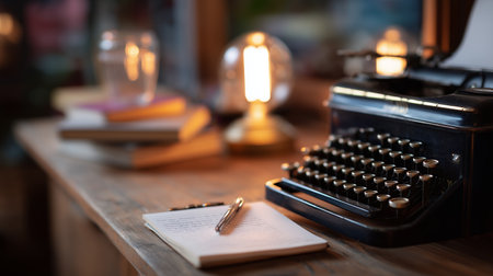 Vintage typewriter and a notebook in a cozy workspace during evening hoursの素材