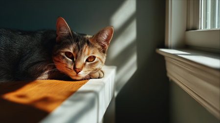 Cat relaxing on a sunlit windowsill in a cozy indoor space during afternoonの素材