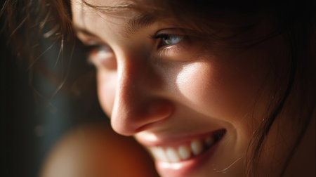 Joyful moment captured in soft light with a smiling person looking towards the windowの素材